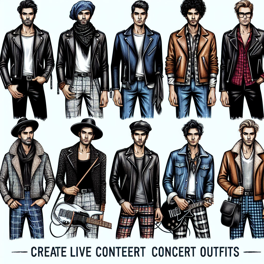Stunning Coldplay Concert Outfits for Every Guy Create an image that showcases several trendy and stunning men's concert outfits ideal for a live music event by a popular contemporary alternative rock band. These should include a range of styles such as casual, chic, rocker, and indie. Think uniquely textured jackets, artistic prints, and sleek accessories like scarves and hats. Please depict men of different descents including Middle-Eastern, Hispanic, South-Asian, and Caucasian to showcase diversity.
