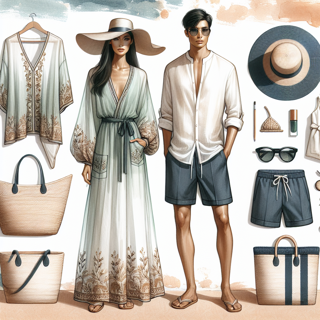 Must-Have Outfits for St. Tropez Beach Clubs Compose an image showcasing a collection of must-have outfits ideal for St. Tropez Beach Clubs. At the center, place a female figure of Asian descent, wearing a chic, light mint green kaftan with gold embroidery. Adjacent to her, portray a male figure of Hispanic descent, sporting a white linen shirt with rolled up sleeves, paired with navy blue swim shorts. To the side, depict a selection of essential accessories, such as a woven straw beach bag, oversized sunglasses, and a large brim straw hat. The background should be abstract, suggesting the luxurious vibe of St. Tropez beach clubs, with a hint of the coastal ambiance.