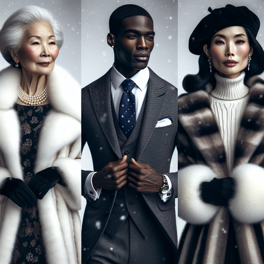 Stunning Outfits: What to Wear to a Winter Graduation Create an image showcasing a collection of stunning winter graduation outfits. The scene should include three different individuals: a fashionable elderly Asian woman donning a glamorous faux-fur coat with a classic dress underneath, a confident Black man wearing a chic ensemble of a tailored winter suit with a matching scarf, and a smart Middle-Eastern transgender woman dressed in an elegant high-collared coat, styled with a trendy beret cap. The outfits should reflect sophistication and warmth, suitable for a winter graduation ceremony. Add a lightly snowy background to emphasize the winter theme.
