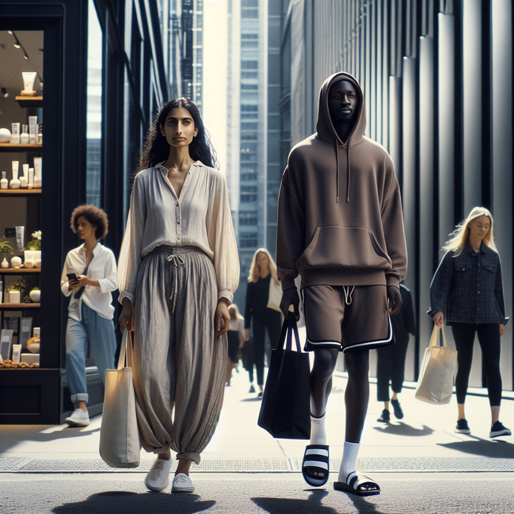 What to Wear to a Facial: Effortless Style Guide Imagine a busy city street on a sunny afternoon. Steel and glass buildings rise on either side, with boutiques and coffee shops at the base. Among the throng of people, focus on two individuals, a Middle Eastern woman dressed in comfortable, easy-to-remove clothes, such as loose pants and a simple blouse, and a Black man in a stylish, casual ensemble featuring a zip-up hoodie, basketball shorts, and sliders. Both carry tote bags with skincare products protruding from the top. They approach a contemporary spa with a sign reading 'Facial Treatments' in the window.