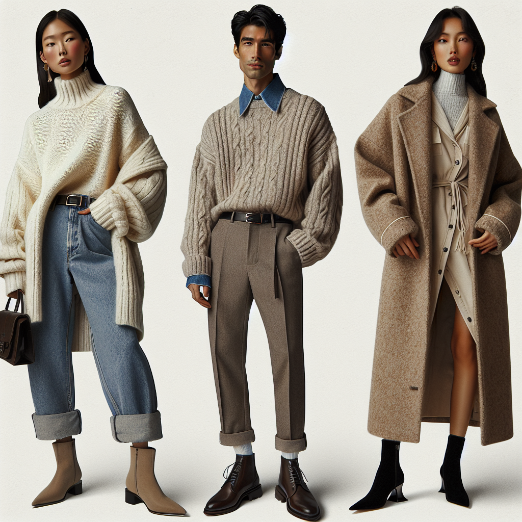 Winter Brunch Outfits: Effortless, Must-Have Styles A fashion-forward collage of winter brunch outfits. On the left, an East Asian woman is rocking a cozy, oversized sweater with high-waisted jeans and ankle boots. To her right, a Hispanic man looks dapper in a smart-casual ensemble featuring a layered button-down shirt and sweater combination, finished off with chinos and loafers. In the centre, a South Asian woman is sporting a chic long coat over a midi dress with knee-high boots. The outfits should resonate with the effortless and must-have styles of the winter season.
