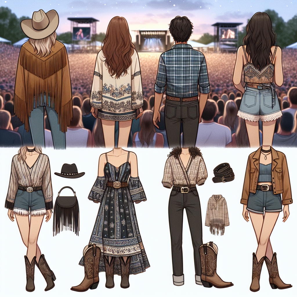 Stunning Outfits for Kane Brown Concert: Dress to Impress! Imagine a set of stylish and attractive outfits designed for attending a country music concert. The first outfit is a bohemian-style for a young Caucasian woman, featuring a fringe suede jacket, a flowing patterned dress, and cowboy boots. The second outfit is casual for a Middle-Eastern man, sporting a flannel shirt, dark jeans, and work boots. The third outfit is fashion-forward for a Black woman, comprising of a high-waisted shorts, a statement belt, and a Danielle Bernstein top. A backdrop of a crowded open-air concert location under a twilight sky sets the festive atmosphere.