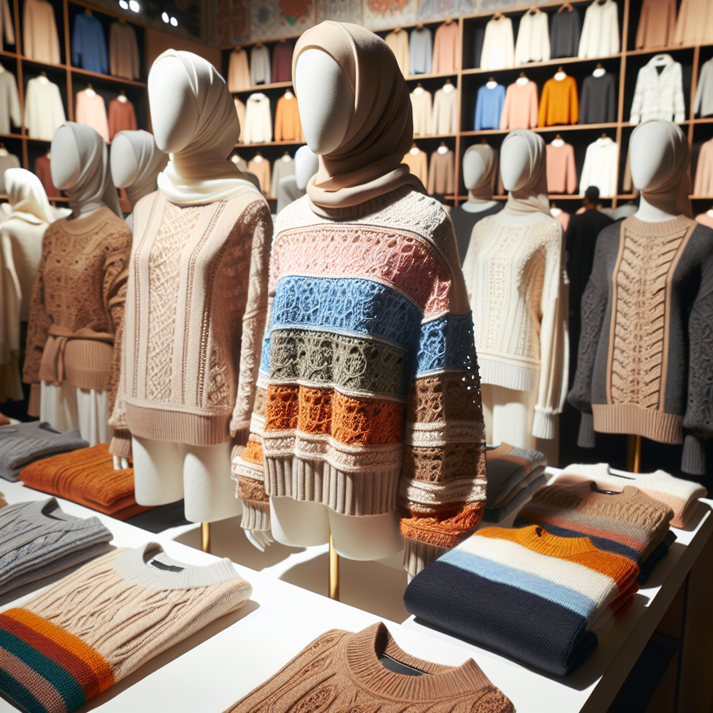 Must-Have Sweaters: Effortless Style for Saudi Women A wide variety of sweaters, ranging from light pullovers to chunky knits, displayed on mannequins. Focus on pieces that provide effortless style for Middle-Eastern women, emphasizing functionality and understated elegance. The sweaters should blend modern trends with traditional Saudi Arabian influences. Imagine intricate patterns and a color palette that includes warm earth tones, vibrant hues, and muted pastels. Different materials like cashmere, wool, and cotton should be featured. Each sweater's design should reflect thoughtfulness and the sartorial choices of contemporary Middle-Eastern women.