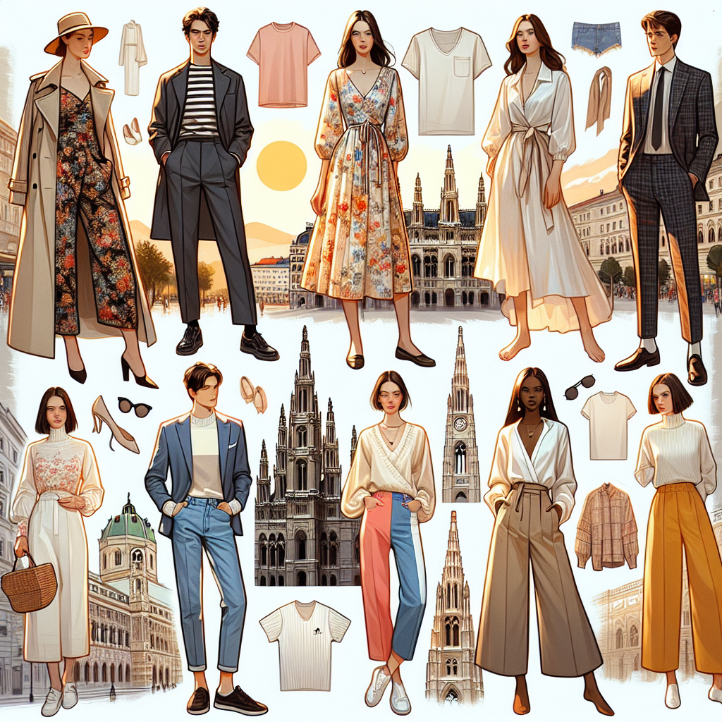 Imagine a fashion collage highlighting must-have styles for a week-long visit to Vienna in the month of May. The collage includes seven primary outfits, one for each day. Outfit one is a stylish trench coat paired with a floral dress, worn by a Caucasian woman. Outfit two showcases a classic high-waist pair of jeans and a striped tee on a Black male model. Outfit three features an Asian girl wearing a lightweight cardigan with bright Capri pants. Outfit four is a comfortable sweater and skirt combo on a Middle-Eastern woman. Outfit five presents a Hispanic man in a simple yet elegant suit. Outfit six displays a South Asian woman showcasing a casual chic look with a white blouse and ankle trousers. The final outfit, outfit seven, is an evening gown worn by a White woman, perfect for a night at the Vienna State Opera. Add artistic accessories such as hats, sunglasses, scarves, and jewelry to each outfit for a complete look.
