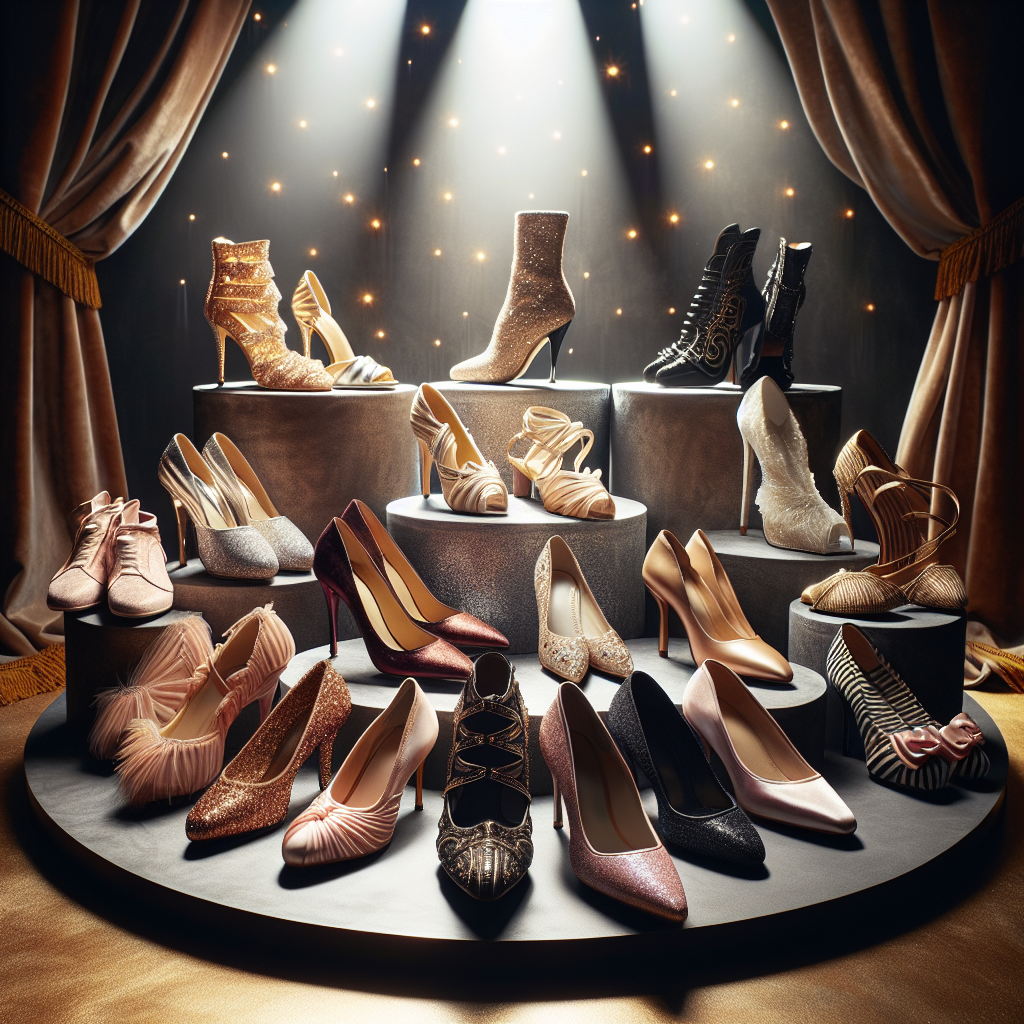 Must-Have Styles: Best Shoes for a Broadway Show Imagine a wide variety of stylish and unique shoes perfect for a Broadway show. Picture everything from intricate glittering high-heels to satin ballet flats, all exuding elegance and showbiz glamour. They could be displayed on beautiful velvet pedestals under soft, flattering lighting. Each pair belong to talented individuals of different genders and descents, including African, Asian, Middle Eastern, Hispanic, and White performers. This image truly represents the elegant footwear essential for Broadway. The backdrop should subtly suggest a theater setting, with velvet curtains, theatrical lights or even playbills.