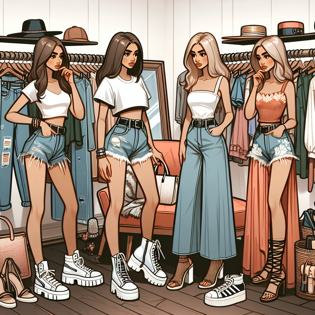 Must-Have Outfits: What to Wear With a Baby Tee Fashion scene set in a trendy boutique. Picture a variety of stylish outfits fit for different designt styles that pair well with a baby tee. First, imagine a young Hispanic woman trying on a baby tee with high-waisted jeans and chunky white sneakers. Adjacent, a Caucasian woman is considering a totally different style - a baby tee with a maxi skirt and gladiator sandals. Lastly, a South Asian man is fitting a baby tee with distressed denim shorts and flip-flops. Accessories like trendy handbags, hats, and sunglasses adorn the scene.