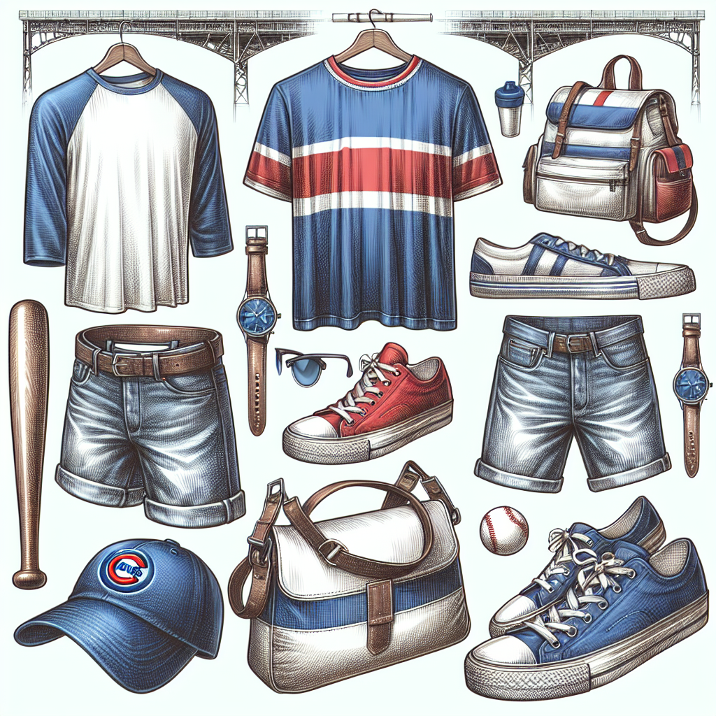 What to Wear to a Cubs Game: Stunning, Effortless Picks Create a detailed image showcasing a baseball-themed fashion concept suitable for a Cubs game. The image should include casual, effortless outfits perfect for a day at the ballpark. Consider including a variety of items such as a blue baseball cap, a red and white striped T-shirt, comfortable denim shorts, sporty sneakers and optional accessories like a sleek pair of sunglasses or a sturdy, fashionable sling bag. The portrayal should emphasize the excitement and sporty vibe of the game, leaving the viewer feeling inspired and ready for a day out at a sports event.