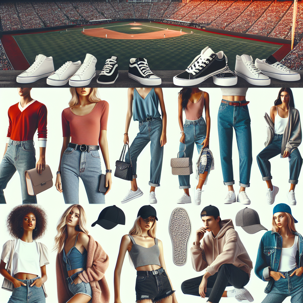 Stunning Outfits for Baseball Games: Effortless Style! A variety of stunning casual outfits for attending baseball games. Capture a large crowd in the background of a big stadium. Include distinctly designed clothing items like baseball caps, trendy t-shirts, comfortable jeans, and sneakers suitable for both men and women. Ensure the depiction of people of various descents, such as Hispanic, Black, and Caucasian, with a mix of genders. Emphasize the intensity of the game in the background and the relaxed, stylish attire of the spectators, conveying an aura of effortless style.