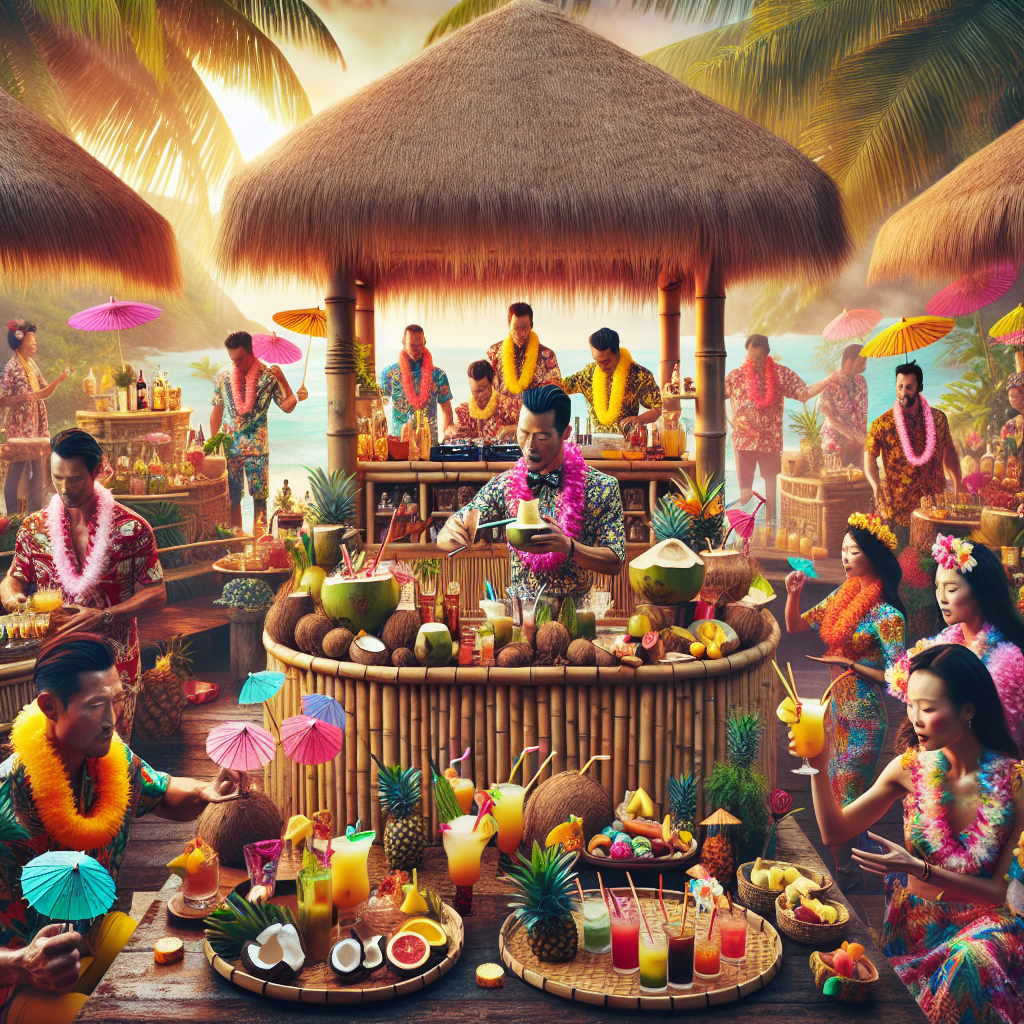 Must-Have Styles for a Tropical Theme Party Visualize a vibrant tropical theme party bubbling with energy. The party features a centerpiece of a bamboo bar where a South Asian bartender is skillfully mixing exotic drinks in coconut shells. Colorful paper umbrellas adorning each cocktail adding an extra tropical flair. To the side, an array of sun-bleached wood tables are replete with fresh fruits and a decorative, pineapple-themed centerpiece. In the backdrop, a Middle Eastern DJ under a thatched-roof cabana is spinning some electrifying island music. The scene is ablaze with guests from different descents, both males and females, donning Hawaiian shirts, floral dresses, straw hats, and leis in all colors of the rainbow.