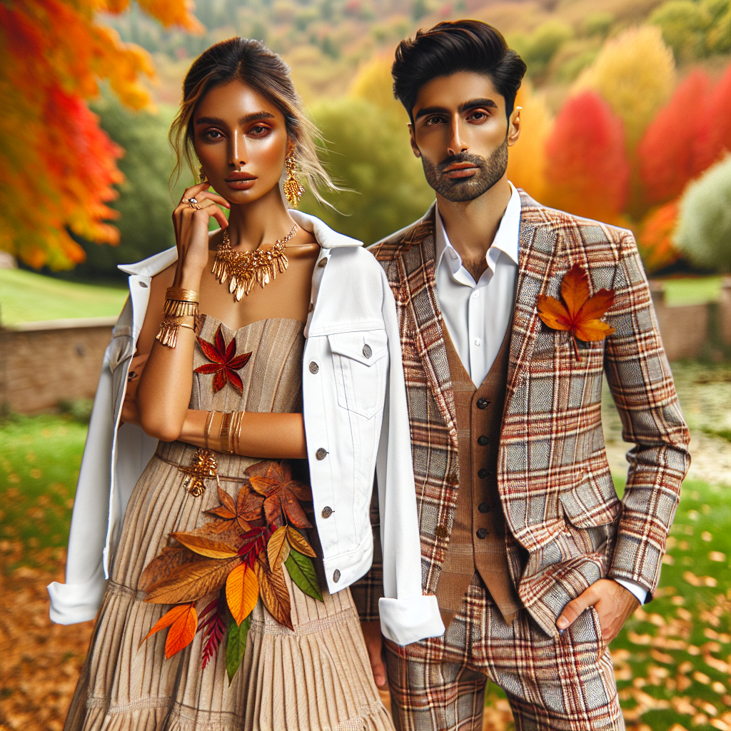 Fall Wedding Outfits: Best Styles with White Jean Jackets A fashion article showcasing Fall wedding outfits: Display a South Asian bride wearing a chic earth-toned dress accented with autumnal leaves and gold jewelry, complemented by a stylish white denim jacket. She should be standing alongside a Middle-Eastern groom in a sharp plaid wool suit, also with a coordinating white jean jacket. They stand confidently in the background of a fall scenery, with hues of orange, red and yellow gracing the trees and leaves on the ground.