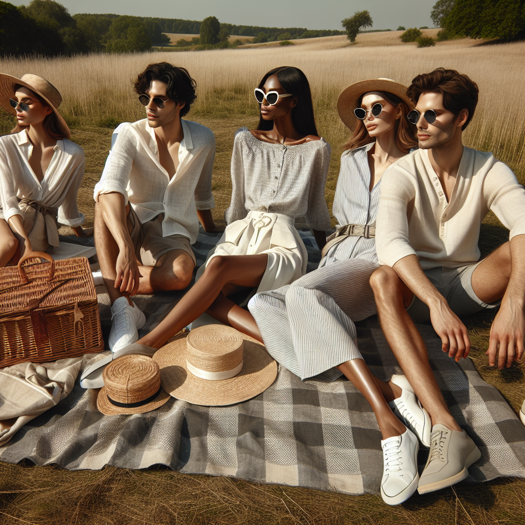 Picnic Date Outfits: Effortless, Must-Have Styles A peaceful pastoral scene on a clear summer day. In the foreground, three different couples are enjoying a picnic date. An East Asian male in a light, breathable linen shirt and casual shorts along with a Black female in a flowing summer dress and a straw hat, are lounging on a checkered blanket beside a wicker picnic basket. To their right, a South Asian female in a chic, comfortable blouse and culottes is seated with a Middle Eastern male in a fine cotton polo shirt and chinos. Lastly, a Caucasian male in a classic T-shirt and denim shorts and a Hispanic female in a playful romper, soak in the sun. Each of them has stylish sunglasses for a touch of glamour.