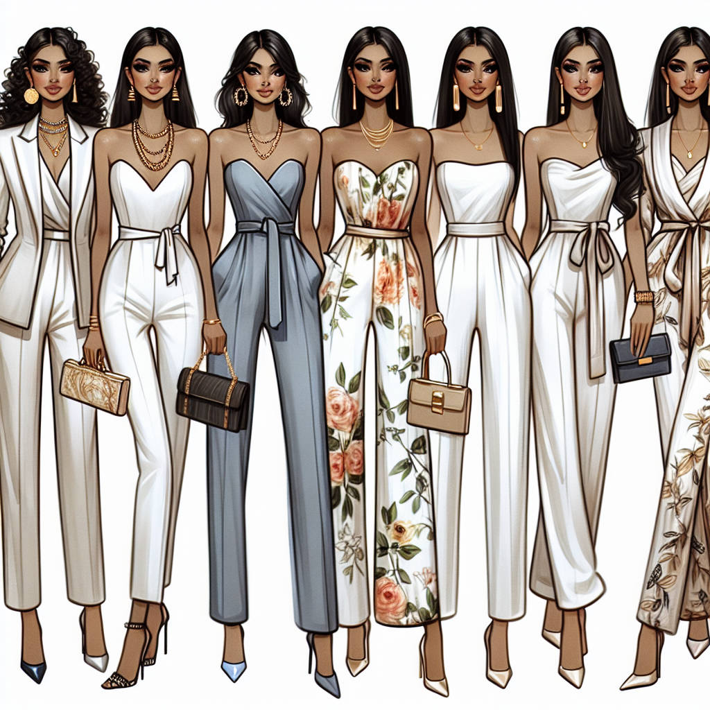 Stunning Outfits for Strapless Jumpsuits: Must-See! Illustrate an array of stunning outfits focused on strapless jumpsuits in a wide variety of styles and occasions. Show one tailored for a formal business meeting, accessorized with an elegant blazer on a South Asian woman. The next outfit could be a floral patterned jump suit for a summer brunch, worn by a Hispanic woman with statement jewellery. Also, depict a silk jumpsuit glammed up for a night out on the town, donned by a Caucasian woman with a matching clutch and high-heels. Lastly, portray an African descent woman in a minimalist monochrome jumpsuit suitable for a casual outing. All jumpsuits should be visually appealing and must-see.
