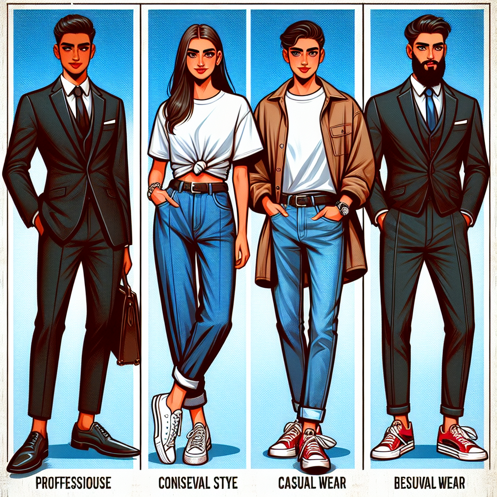 Must-Have Outfits for Every College Tour Explore a vibrant image showcasing a wide range of outfits essential for college tours. It includes a professional look featuring a black, tailored suit worn by a Middle-Eastern woman showcasing her sharp style, casual wear of a bespoke white t-shirt and blue jeans adorned by a Hispanic man depicting utmost comfort, and a balanced ensemble of a stylish jacket, formal trousers, and sneakers worn by a South Asian man. Each outfit is controversial yet trendy, reflecting the versatility of college fashion that can be adapted across different climates, cultures, and personal preferences.