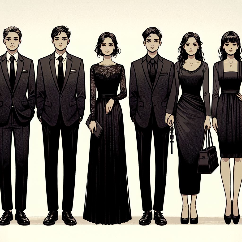 Exclusive Guide: Best Outfits for Hispanic Funerals Visualize a collection of respectful and traditional funeral attire suitable for Hispanic culture. Show different outfits suitable for both genders. For men, include a well-tailored black suit with a white shirt, black tie, and polished shoes. For women, depict a long black dress with minimal accessories and black, low-heeled shoes. Showcase a range of body types and ages and make sure the focus is on the elegance and solemnity appropriate for a funeral. Ensure the background setting subtly suggests a funeral environment.