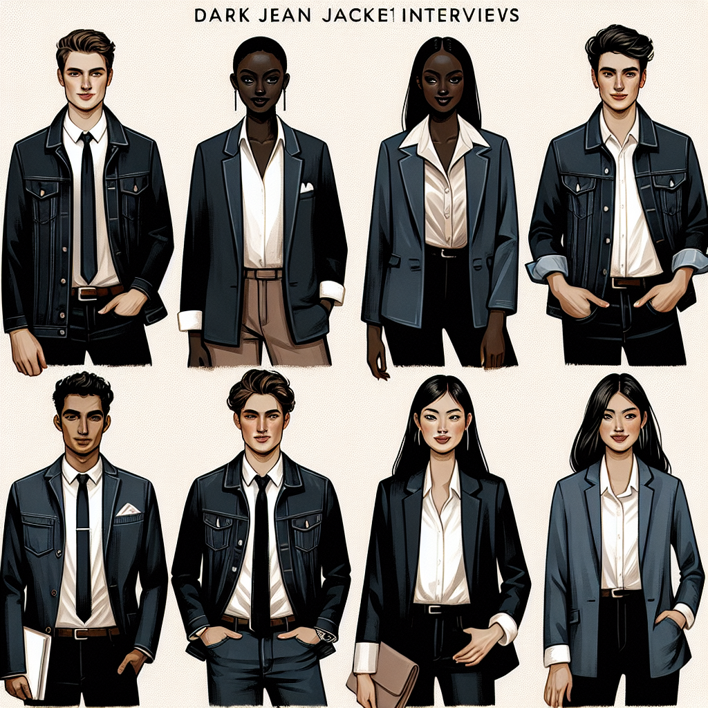 Showcase different must-have looks for interviews incorporating dark jean jackets. Display an array of professional styles using this versatile piece of clothing, showcasing it on individuals of different descents and genders. The first look should embrace a Caucasian male with a white shirt and tie underneath his jacket. Transition then to a Black woman with a silk blouse topped with the dark jean jacket. Continue with a South Asian man wearing a casual shirt under his jacket. Lastly, present a Hispanic woman pairing her dark jean jacket with formal dress pants. All these looks should convey a confident, interview-ready vibe.