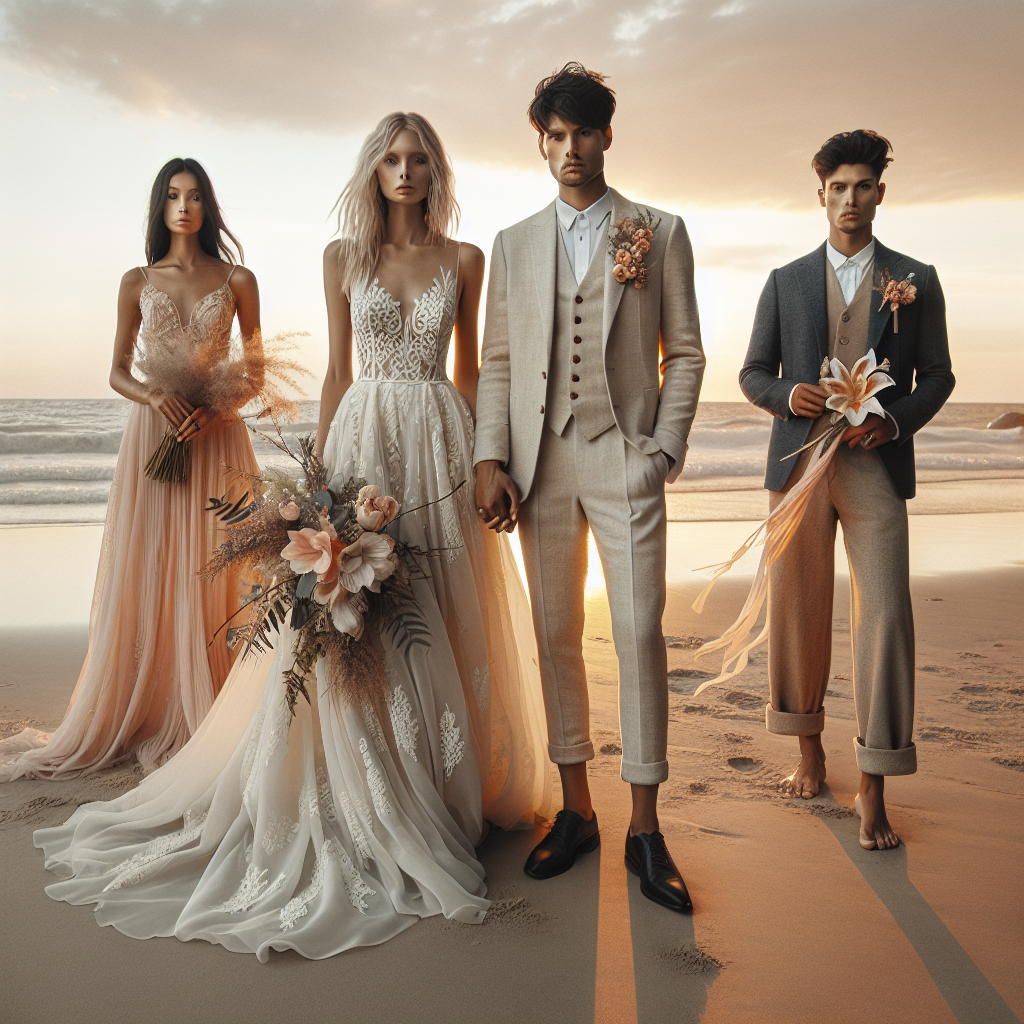 Imagine a beautiful beach bathed in the soft hues of a setting sun. Foreground portrays four individuals, two in tasteful wedding attire, exemplifying timeless elegance. A Caucasian bride donning a flowing ivory silk gown with intricate lace detailing, while a Black groom is in a beige linen suit with a coral boutonni&egrave;re. Beside them, a Hispanic bridesmaid in a pastel pink chiffon dress carries a rustic bouquet of wildflowers and a Middle-Eastern groomsman in a voguish navy blue suit holds a ring box. Sands underfoot, they illustrate the epitome of beach wedding elegance.