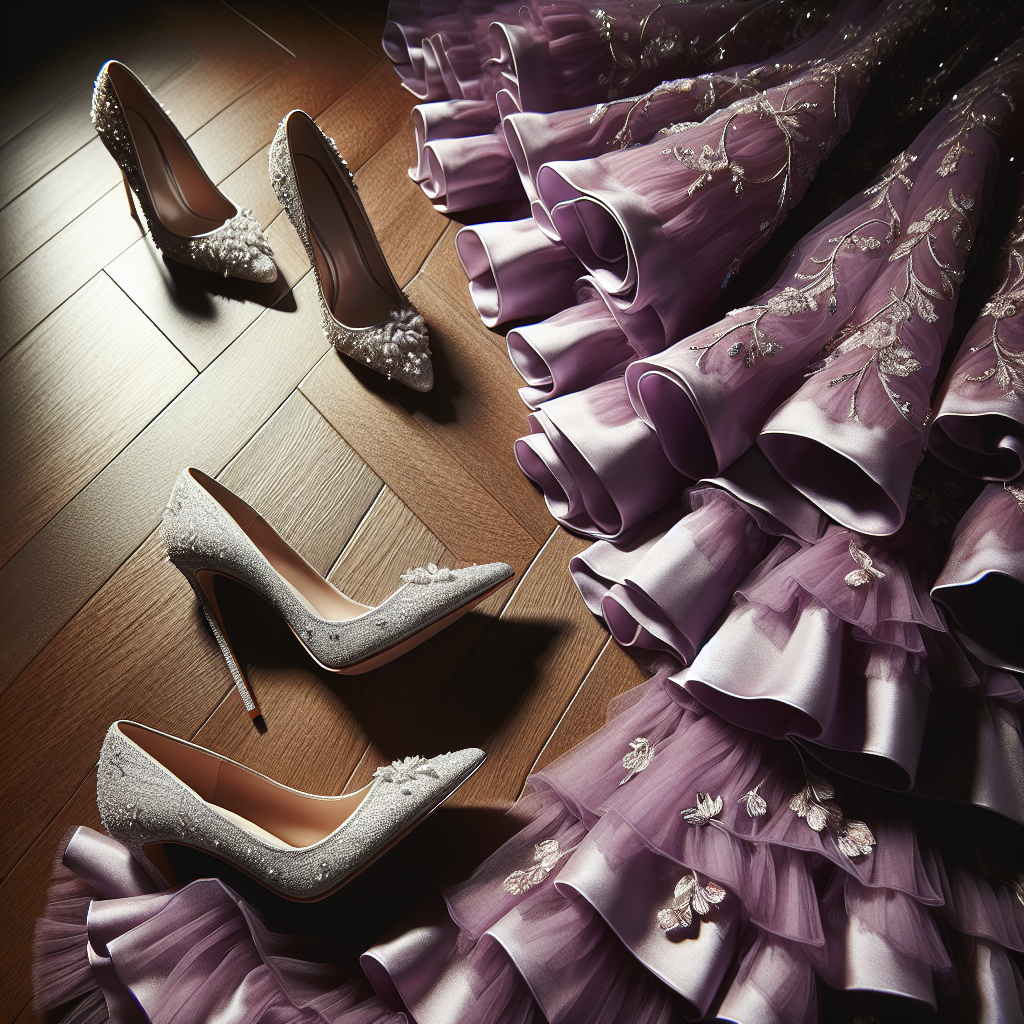 Picture a feminine, high-fashion scene, focused on showcasing the perfect shoe and dress pairing. On a luxurious wooden floor lies a breathtakingly beautiful purple dress, simply embroidered with delicate silver threads, flowing beautifully with ruffled elegance. Nearby, there are two exquisite shoes, made of a shimmering silver material, adorned with tiny sparkling crystals. The shoes have chic stilettos and an elegant pointed toe design, perfect for an evening event. The lighting casts a soft glow, accurately mirroring the glamorous aura of the setting. The composition of the scene creates an alluring effect that captivates the viewer, emphasizing the effortless pairing of the shoes with the purple dress.