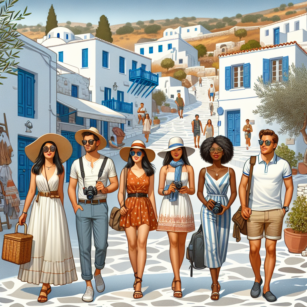 Dress Smart in Greece: Avoid Tourist Faux Pas Visualize a scene set in Greece, illustrating the concept of smart dressing to avoid cultural missteps often made by tourists. Depict a diverse group of travelers - a Middle-Eastern woman wearing a sundress, Asian man dressed in linen pants and a light shirt, a Black woman wearing a stylish hat and sunglasses, and a Caucasian man in a polo shirt and Bermuda shorts, carrying cameras and maps. Integrate elements of Greek culture like narrow cobblestone streets, white houses with blue shutters, olive trees, and ancient ruins in the background.