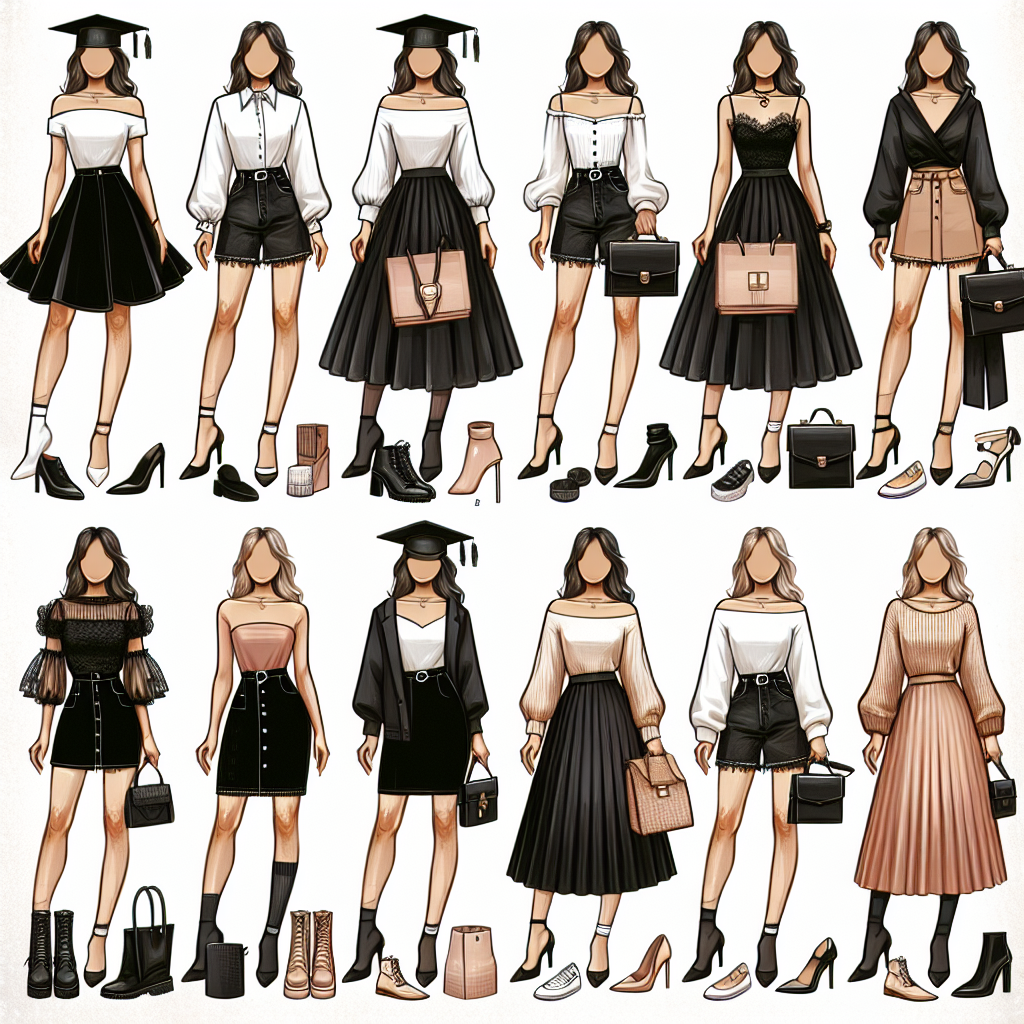 Stunning Outfits for Graduation: Best Black Skirt Pairings Create a detailed fashion collage for a graduation event, focusing on versatile black skirts. The image should contain four distinct fashion sets, each representing the four major seasons: Spring, Summer, Autumn, and Winter. In each set, present a black skirt paired with accessories, footwear, and tops appropriate for the respective season. Be sure to include a variety of styles to suit different personal aesthetics. The outfits should be worn by fashion-forward females of diverse descents - namely, Hispanic for Spring, Middle-Eastern for Summer, South Asian for Autumn, and Caucasian for Winter.