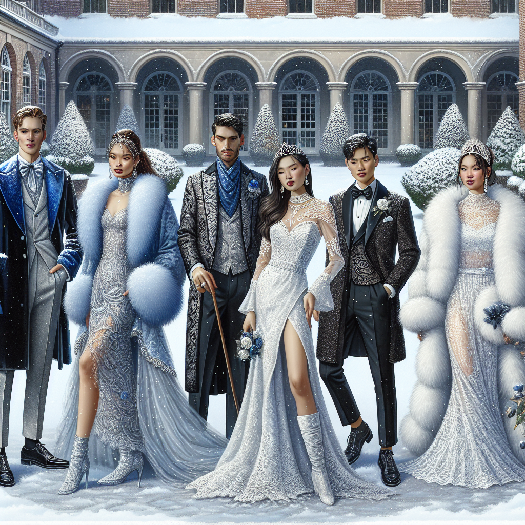 Winter Wedding Outfits: Discover Your Stunning Look Create a detailed visual representation encapsulating a series of winter-themed wedding outfits. Courtyard dusted with fresh snowfall is to be the background. Paint the scene with a diverse group of individuals, showcasing a variety of stunning outfits. Include an Asian man in a dapper velvet suit, a Hawaiian woman donning a silvery blue winter gown with a matching fur stole, a Middle-Eastern woman styled in a white lace wedding dress with a diamond tiara, and a Caucasian man in a traditional black and white tuxedo with a rose boutonniere. Ensure each attire reflects the glory of the winter season and the elegance of wedding fashion.
