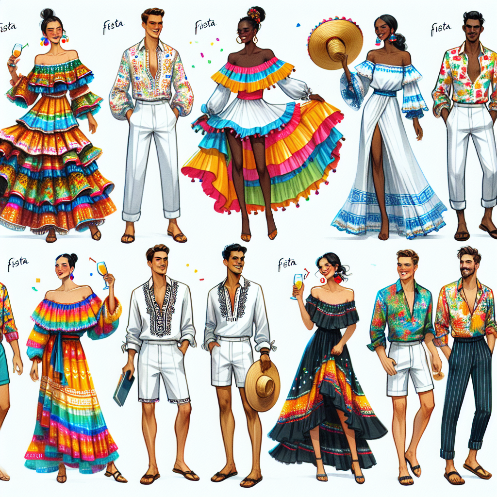 Fiesta Style Guide: Must-Have Outfits for Fabulous Fun Illustrate various outfits suitable for a festive celebration. Firstly, display a vibrant fiesta dress worn by an East Asian woman, filled with lively colors and ruffles. Then, portray a Hispanic man in a traditional guayabera shirt paired with white linen trousers, a perfect blend of elegance and comfort. Thirdly, visualize a Black woman in a flowy, Bohemian-style maxi dress, adorned with colorful prints and fringes. Lastly, depict a white man sporting a casual outfit with colorful shorts and a tropical print shirt. All these outfits should exude joyous energy, perfect for a fabulous fun fiesta.