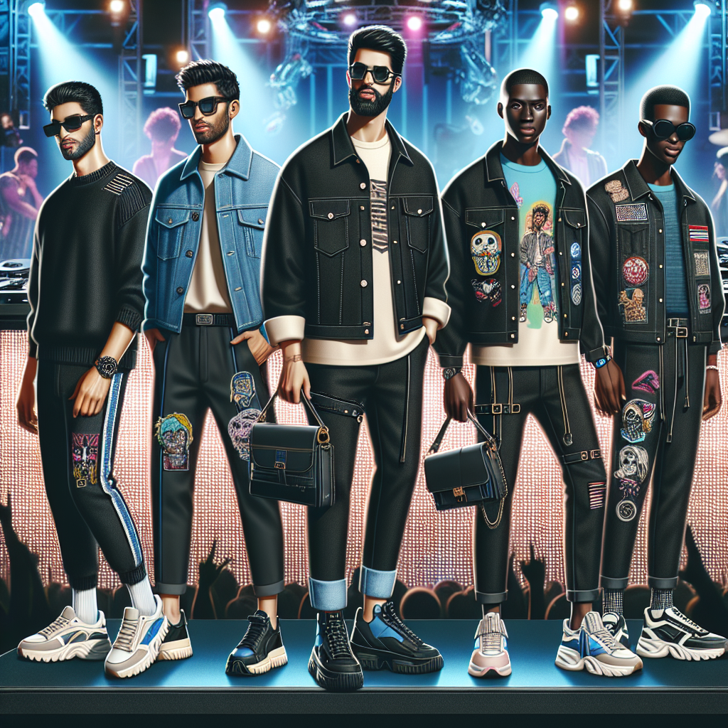 Must-Have Looks for Men: What to Wear to a DJ Concert Visualize a stylish and forward-thinking scene at a DJ concert. Include a group of men, with varying descents like Hispanic, Middle-Eastern and Black. Each of them should be stylishly dressed according to latest trends: one with a slim fit black shirt, another with an oversized neon graphic tee, and the last with a customized denim jacket adorned with patches. Let's see eye-catching accessories like chunky sneakers, cross-body bags and stylish sunglasses to complete the look. The background should be a thrilling concert with throbbing neon lights and a DJ stand.