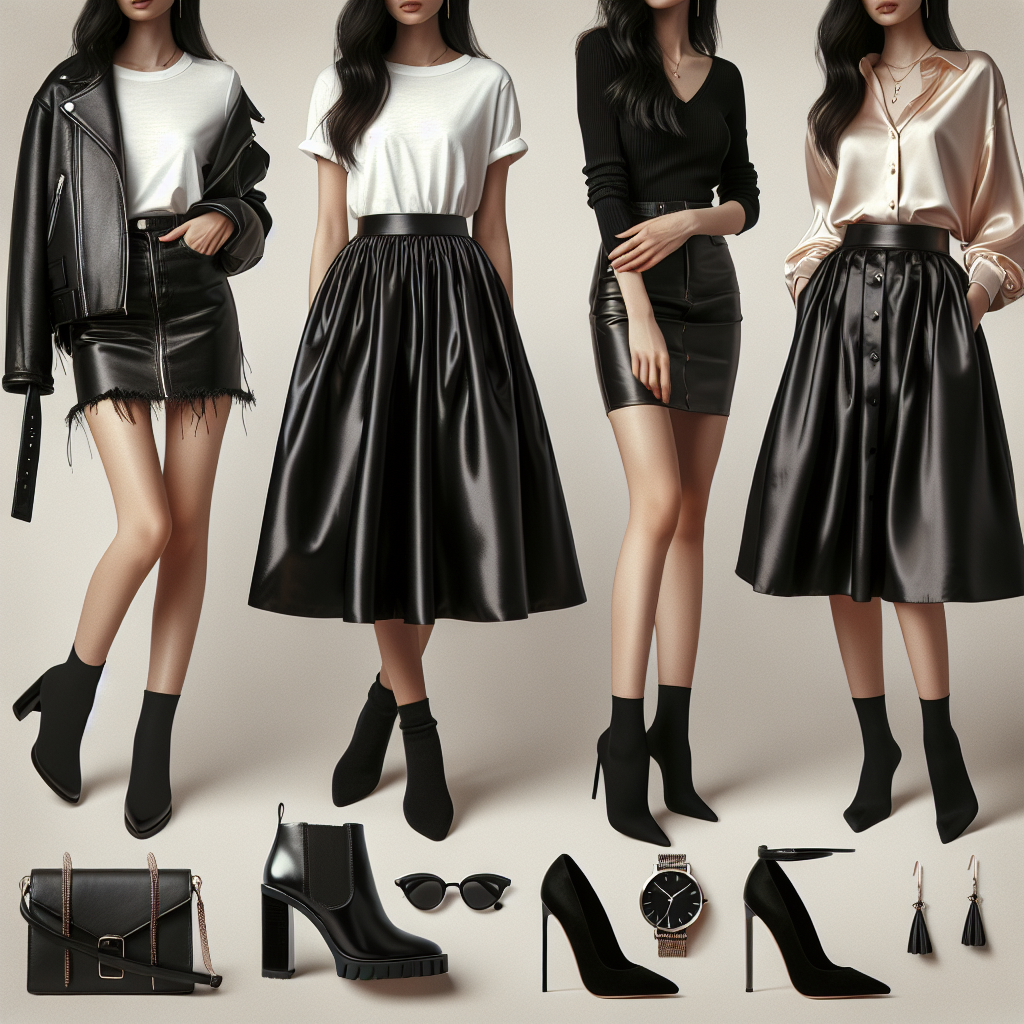 Discover Effortless Style: What to Wear With a Black Satin Skirt An insightful fashion composition showcasing a black satin skirt. Imagery includes the skirt styled with different tops for varied occasions. Emphasize a casual look with a white t-shirt and leather biker jacket, paired with textured ankle boots. For a formal setting, combine the skirt with a classy silk blouse and refined stiletto high heels. Include accessories like a minimalist clutch bag and understated jewelry. The models are two women, one Black and the other Asian, each exemplifying the diverse ways to style a black satin skirt.