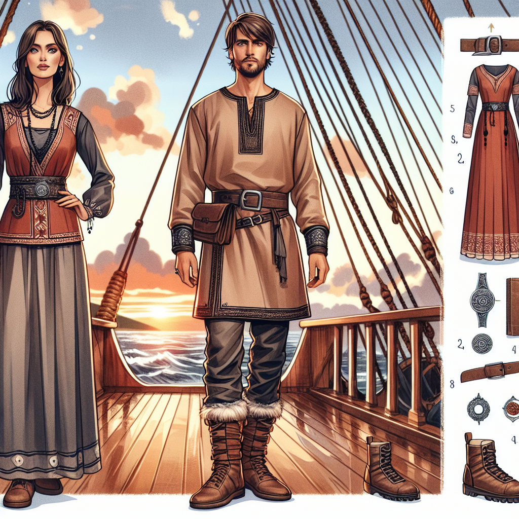Stunning Viking Cruise Attire: Effortless Style Guide An illustration of a detailed style guide for Viking era cruise attire. Show a Middle-Eastern man and a Hispanic woman modelling this attire, standing on the deck of a seafaring ship in the background of an evocative sunset. The man is wearing a stylistic Viking tunic combined with a authentic, leather belt and rugged, brown boots. The woman is dressed in an elegantly designed, ankle-length Viking dress, complemented with leather shoes. Both of them wear fitting Viking-era jewelry and accessories, like brooches and arm-rings, for an effortless style.