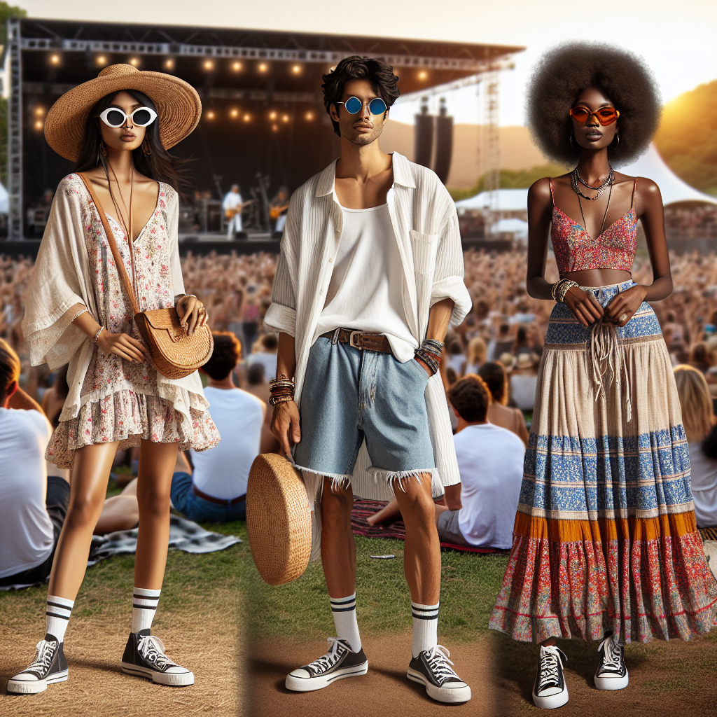 What to Wear to a Summer Concert: Must-Have Looks! Visualize an outdoor summer concert scene with a diverse crowd enjoying the music. Focus on a South Asian woman in her 20s wearing a comfortable chic dress with flower prints and comfy sandals, paired with a woven summer hat. Next, depict a Hispanic man in his 30s in a stylish combination of a loose white linen shirt and denim shorts, complemented with cool sunglasses and casual sneakers. Lastly, imagine a Black woman in her 40s, wearing a vibrant, colorful maxi dress with statement jewelry and beach waves in her hair. Let the energy of the concert and the brightness of summer reflect on their casual yet trendy outfits.