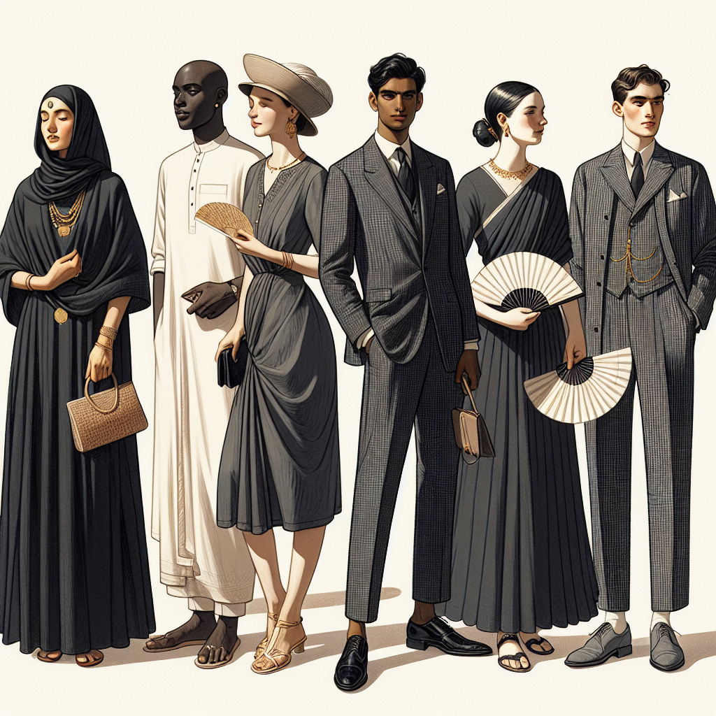 An image illustrating the concept of appropriate attire for a hot day funeral. In the foreground, there's a diverse group of people dressed for the occasion. On the left, a Middle-Eastern woman is wearing a lightweight, dark-colored, elegant dress with a modest neckline and comfortable sandals. Next to her, a Black man is dressed in a breathable, black linen suit paired with a formal white shirt and no tie. To their right, a South Asian woman dons a dark, airy saree with tasteful gold jewelry, and a White man is attired in a seersucker dark grey suit with a light blue shirt underneath and matching derby shoes. They all carry hand fans, evoking a sense of elegance while also considering the warm climate.