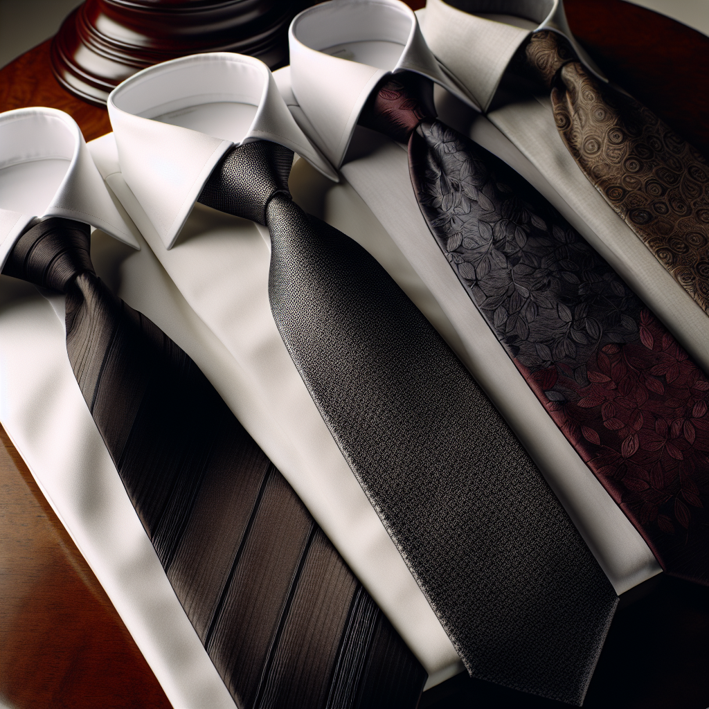 Must-Have Funeral Ties: Subtle & Respectful Choices Create a selection of subtle and respectful funeral ties. The ties should be high-quality and suitable for a somber occasion. First, a traditional black tie with a slight sheen, second, a dark grey tie with an understated pattern, third, a midnight navy tie that gives a sense of depth, and finally, a deep maroon tie that adds a touch of color while still being appropriate for the occasion. Each tie should be displayed on a white dress shirt to highlight their design. Set the scene on a mahogany table, subtly lit in a tranquil environment.