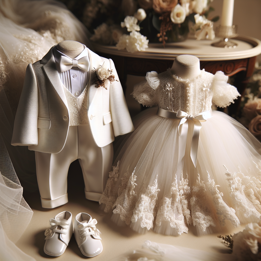 Stunning Baby Wedding Outfits: Effortless Elegance Imagine an elegant scene of a wedding celebration focusing on two beautifully dressed babies. One baby is in a white tuxedo while the other is in a soft ivory dress with delicate lace accents. These outfits are intricately detailed and exude a sense of effortless elegance. The tuxedo features a neat bow tie and crisp, clean lines, while the dress is adorned with a small ribbon sash and layers of light tulle. The setting is a softly lit room filled with tasteful decorations and cut flowers, enhancing the overall ambiance of style and sophistication.
