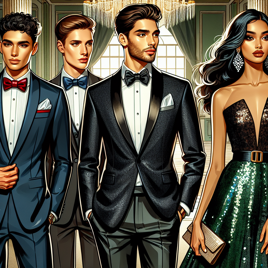 Stunning Outfits for Debut Guests: Effortless Style Beautifully dressed guests arriving at the debutante ball. Two men and two women are depicted: one Hispanic man wearing a sleek, black tuxedo with a red bowtie, one Middle Eastern man exhibiting an elegant navy blue suit with a white pocket square, a Black woman in a dazzling sequin gown with a high neckline and full skirt, and a South Asian woman showing off a chic and minimalist emerald green dress with gold accents. The setting is an upscale ballroom, its regal features illuminated by a grand chandelier.