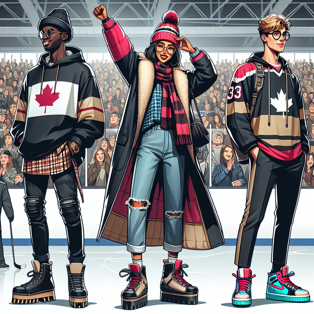 Stunning Outfits for Hockey Games: Effortless Style Illustrate three fans wearing stylish and warm outfits for a hockey game. The first person is a Black man in his 30s, who is wearing a trendy team sweatshirt layered with a chic long coat and paired with fancy boots. The second person is a middle-aged Hispanic woman sporting a fashionable beanie cap with her team's logo, round glasses, a statement scarf, a cozy flannel shirt, and a sleek waterproof jacket. Lastly, depict a Caucasian teenager in a unique and eye-catching team jersey, insulated trousers, and bright-colored sneaker boots. They are all enjoying and cheering for their favorite team in a bustling ice hockey stadium with a game unfolding on the rink.
