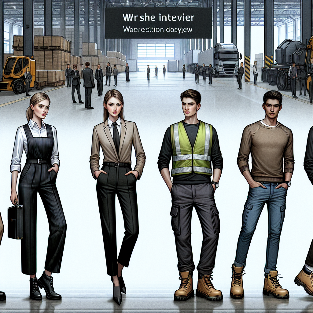 Stunning Outfits for Warehouse Interviews: Dress to Impress A visual dossier showcasing a variety of eye-catching outfits suitable for warehouse interviews. These designs cross the spectrum of professional yet practical wear. First, a Caucasian female in a chic jumpsuit with steel-toed boots. Second, a Middle-Eastern male wearing a sweater, cargo pants, and safety shoes. Third, a South Asian female in a smart yet simple shirt with high-visibility vest and slip-resistant shoes. Lastly, a Black male sporting a comfortable t-shirt, jeans, and puncture-resistant boots. All figures are exuding confidence and standing against the backdrop of an industrialist warehouse, ready to impress.