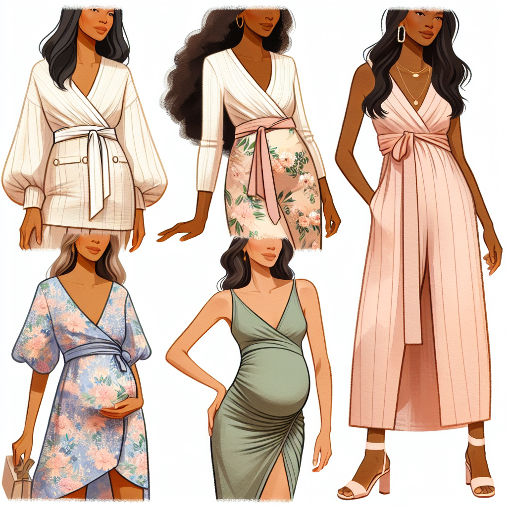 What to Wear to a Baby Shower: Stunning & Effortless Choices Illustrate a well-coordinated collage of stunning and effortless clothing choices appropriate for attending a baby shower. The clothing items should include a pastel colored wrap dress worn by a Hispanic woman, a floral print skirt and top ensemble on a Black woman, a comfortable maternity dress worn by a Caucasian woman who is pregnant, and a chic jumpsuit sported by a South Asian woman. The overall tone of the image should exude elegance and comfort, alluding to the joyous and welcoming atmosphere typical of baby showers.