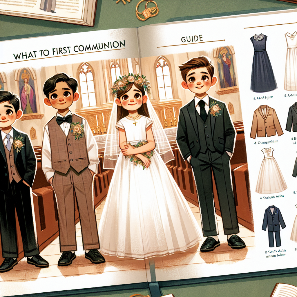 Illustrate a guide on what to wear for a first communion. Display a selection of appropriate attire for children of both genders, contrasting dressy and modest styles. Show a young Hispanic boy smartly dressed in a suit and tie, a Caucasian girl clad elegantly in a white dress and veil, and a South Asian boy in a formal ethnic attire. Ensure the depiction is respectful and tasteful, highlighting the importance of the occasion. In the backdrop, introduce a serene church setting to provide context. An open guide book at the forefront, displaying fashion sketches and tips can add more relevance.