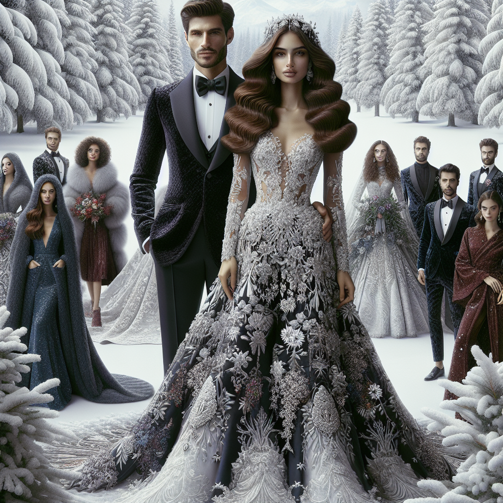 Stunning Outfits for Winter Weddings 2017: Effortless Elegance Imagine a picturesque winter scene, filled with the beauty of freshly fallen snow. Central to this scene is a multi-tiered wedding setting. The bride, of Hispanic descent with long, flowing chestnut hair, is stunning in her winter-themed wedding dress, adorning ornate silver embellishments and delicate lace designs, resembling icicles and snowflakes. Her groom, of Middle-Eastern descent with a neatly trimmed beard, is equally resplendent in a tailored suit of plush navy wool. Around them, wedding guests of various genders and descents present a spectrum of elegant winter outfits, drawn from rich dark tones and textures, further accented by vibrant pops of jewel tones.