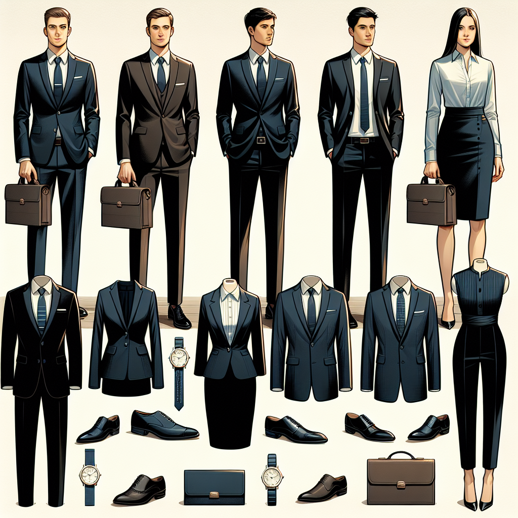 Dress to Impress: Must-Have Outfits for Interviews Visualize a selection of must-have professional outfits for job interviews. Display an array of formal wear including a well-fitted black suit with a crisp white shirt and silk tie on a Caucasian male, a sleek navy business dress with matching blazer on a Hispanic female and a traditional South Asian kurta pajama set on a South Asian male. Complement each outfit with appropriate accessories like watches, leather bags, and polished shoes. It would be nice to see these individuals confidently preparing in a brightly lit dressing room with mirrors. Make sure to capture the essence of elegance and professionalism in this scene.
