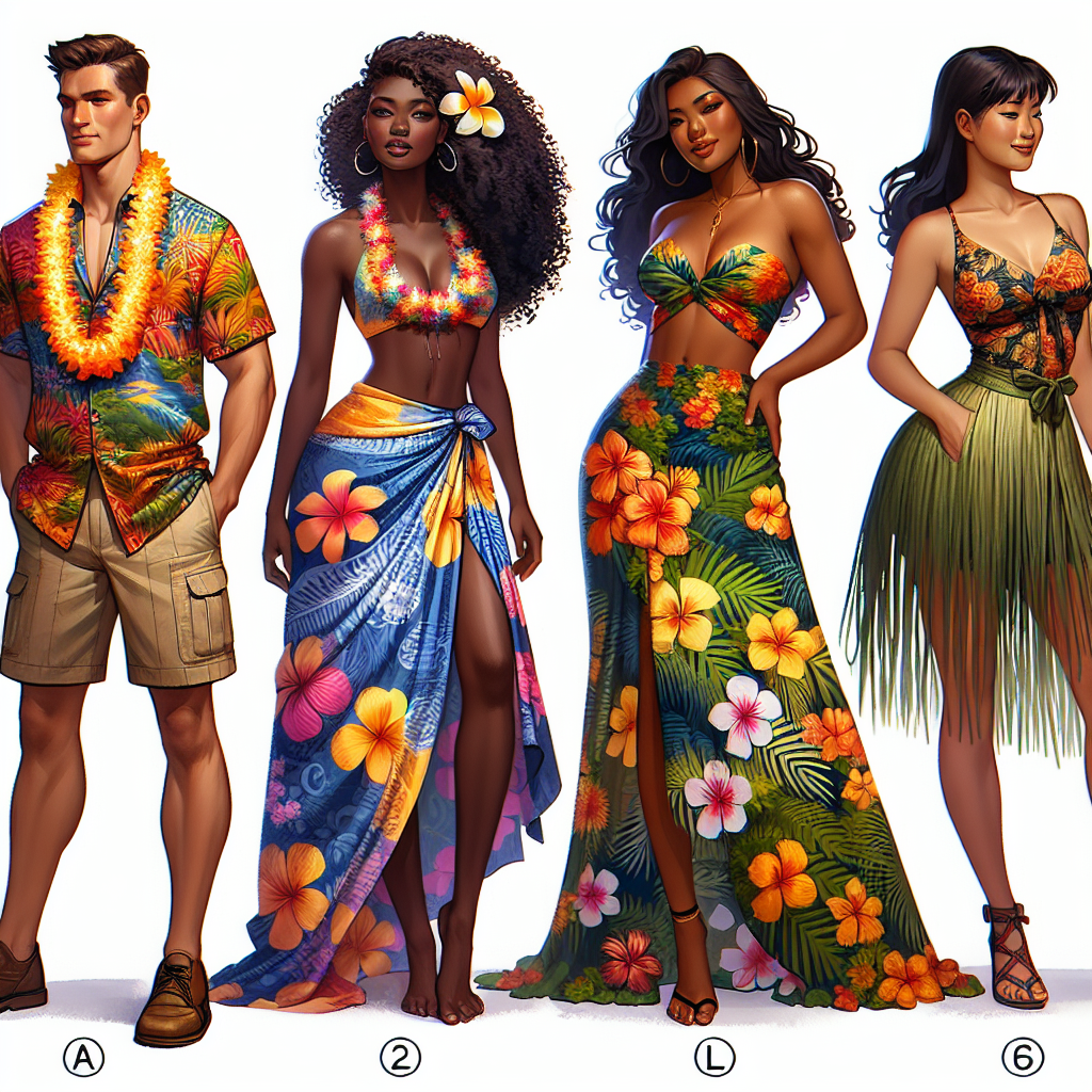 Imagine an array of vibrant, tropical luau attire for a variety of body shapes. The first model, a tall and slender Caucasian male, is gracefully outfitted in a traditional Hawaiian shirt full of bright colors and floral patterns, paired with khaki shorts. The second representation is a curvaceous Black woman donning a beautiful sarong with tropical flowers and fern patterns, complimenting her figure. The third ensemble displayed is worn by a petite Asian female wearing a flowy sundress with a Hawaiian print, truly encapsulating the feel of a summer luau party. These are diverse examples of stunning outfits for any body shape at a Hawaiian luau.