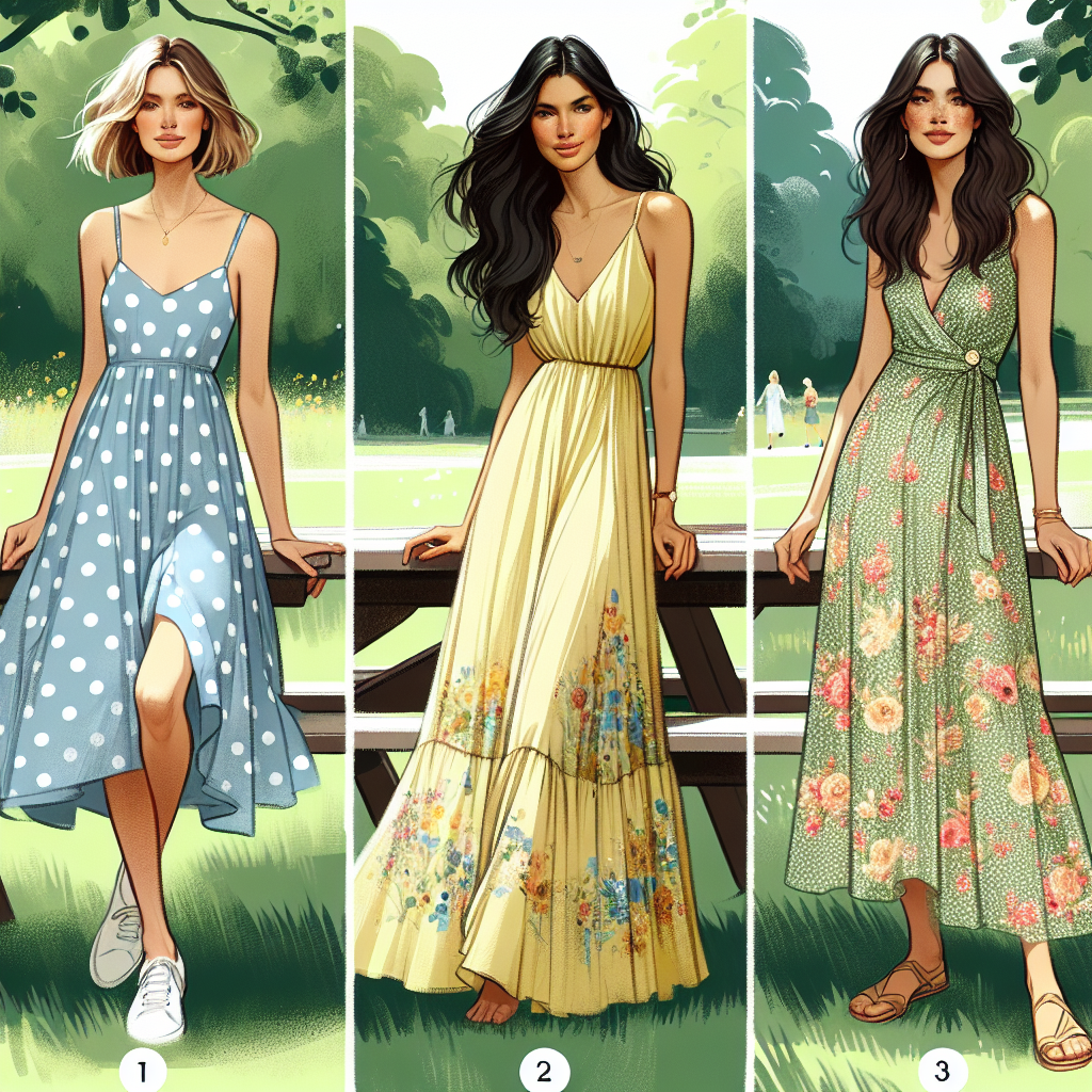 Must-Have Dresses for Effortless Picnic Style Illustrate a tranquil outdoor scene in a lush green park, with three women each showcasing a different style of dress perfect for picnic outings. The first woman, of Caucasian descent, wears a playful polka-dot sundress. The second woman, who is of South Asian descent, sports a soft, breezy maxi dress in a bright color. The third woman, of Hispanic origin, dons a floral printed A-length dress. Their effortless style embodies the casual yet chic vibe perfect for enjoying a sunny day in the park.