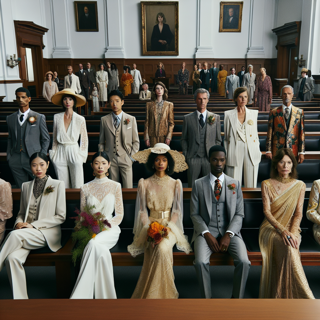 Stunning Courthouse Wedding Outfits: Find Your Perfect Look Imagine a bustling courtroom elegantly transformed into a wedding setting. An array of diverse people, each wearing sophisticated yet unconventional wedding attire, fills the scene. An Asian female is wearing an elegant white jumpsuit with a lacy, wide-brimmed hat. A Hispanic male elegantly dressed in a grey three-piece suit with a vibrant boutonniere. A Middle-eastern lady is dressed in a gold-infused sari, modern yet traditionally rooted. A black male wearing a sleek velvet suit, an embodiment of classy modernity. An elder Caucasian lady dressed in an elegant gown with intricate detailing, reminiscing traditional wedding outfits. Their outfits reflect personal style while nodding to the solemn, civic nature of a courthouse wedding.