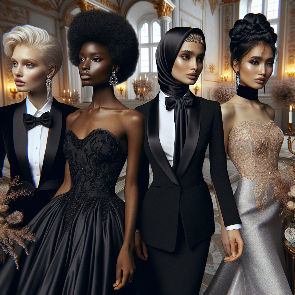 Stunning Black Tie Attire for Ladies: Effortless Elegance A captivating scene showcasing four women in black tie attire, each exhibiting effortless elegance. To imbue the setting with diversity, one woman is Caucasian with platinum blonde hair styled in a slicked-back chignon, another lady is Black with a natural Afro, the third woman is Middle-Eastern sporting a stylish hijab, and the fourth is South Asian with a cascading waterfall braid. Their dresses range from classic black gowns to inventive, modern silhouettes. Include elements alluding to the luxuriousness of the occasion like a grand staircase, opulent chandeliers, and decadent floral arrangements.