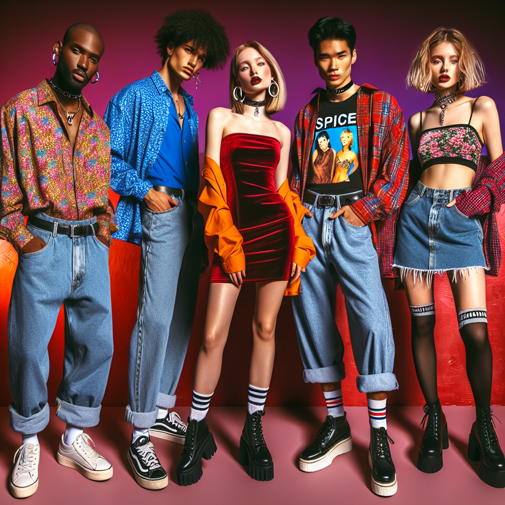 90s Party Outfits: Discover Stunning, Effortless Styles Visualize a high-fashion setting focused on 90s party styles. Picture a variety of individuals modeling this period's exceptional outfits. An African male wearing baggy jeans and a vivid, patterned button-down shirt paired with classic sneakers. A Caucasian woman in a sleek velvet mini dress paired with chunky platform shoes and choker necklace. An Asian man sporting a grunge-inspired look with a flannel shirt tied around his waist, graphic tee, and worn-out jeans. And lastly, a Hispanic woman modeling a spice girl themed outfit with a bright crop top and high-waisted wide-leg trousers. These scenes are set in a vibrant party setting reminiscent of the 90s era.