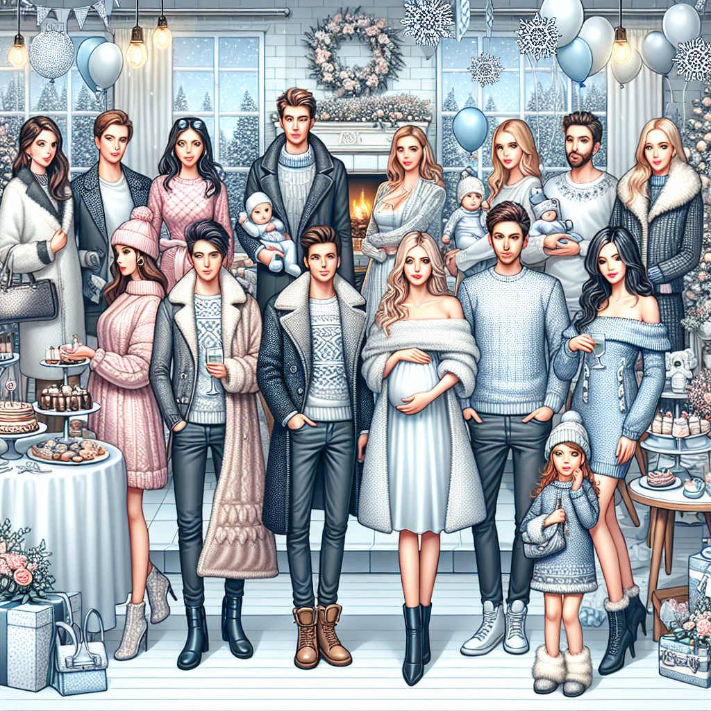 Stunning Winter Baby Shower Outfits for Guests Picture a detailed winter scene set indoors. The main focus is a group of individuals attending a baby shower. Each person has a unique style and is wearing an elegant winter outfit. The attendees comprise a diverse set of individuals, with multiple genders represented - men in stylish winter sweaters and women in chic, warm dresses, and all are wearing comfortable yet fashionable winter boots. Amidst this cozy ambiance, there are festive decorations including balloons and snowflakes, a fireplace putting out gentle heat, and a table full of delicious winter treats and florals.
