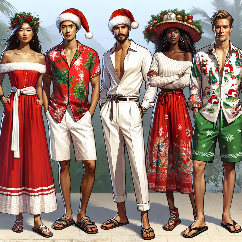Stunning Outfits for a Christmas in July Party Imagine a festive and elegant gathering for a Christmas in July party. The scene displays a variety of eye-catching outfits designed for the warm weather keeping the spirit of Christmas alive. On the left side, an Asian woman is wearing a red sleeveless dress with white trim, accessorized with a Santa's hat and sandals. Next to her, a Middle-Eastern man is rocking an ensemble of white linen pants with a green tropical print shirt and a Christmas-themed beach hat. In the middle, a Black woman displays a trendy off-shoulder white blouse paired with a red floral skirt and a matching flower crown. Last but not least, a Caucasian man is wearing a buttoned short-sleeved shirt featuring quirky holiday prints coupled with khaki shorts and flip-flops.