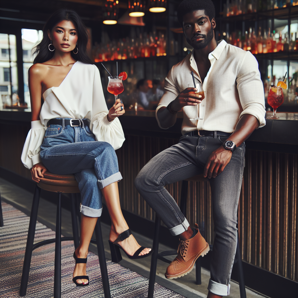 What to Wear on a Drinks Date: Stunning, Effortless Picks A stylish South Asian woman and an elegant Black man dressed in effortlessly stunning casual attire for a drinks date. They are both dressed in visually appealing clothes which suggest a balance between comfort and style. The woman is wearing a chic one-shoulder top paired with high-rise jeans and peep-toe sandals, accessorized with a cocktail ring. The man, on the other hand, is donning a relaxed cotton button-up shirt with rolled-up sleeves revealing a wristwatch, paired with dark denim jeans and chukka boots. They are seen with glasses of colorful cocktails in a chic urban bar.