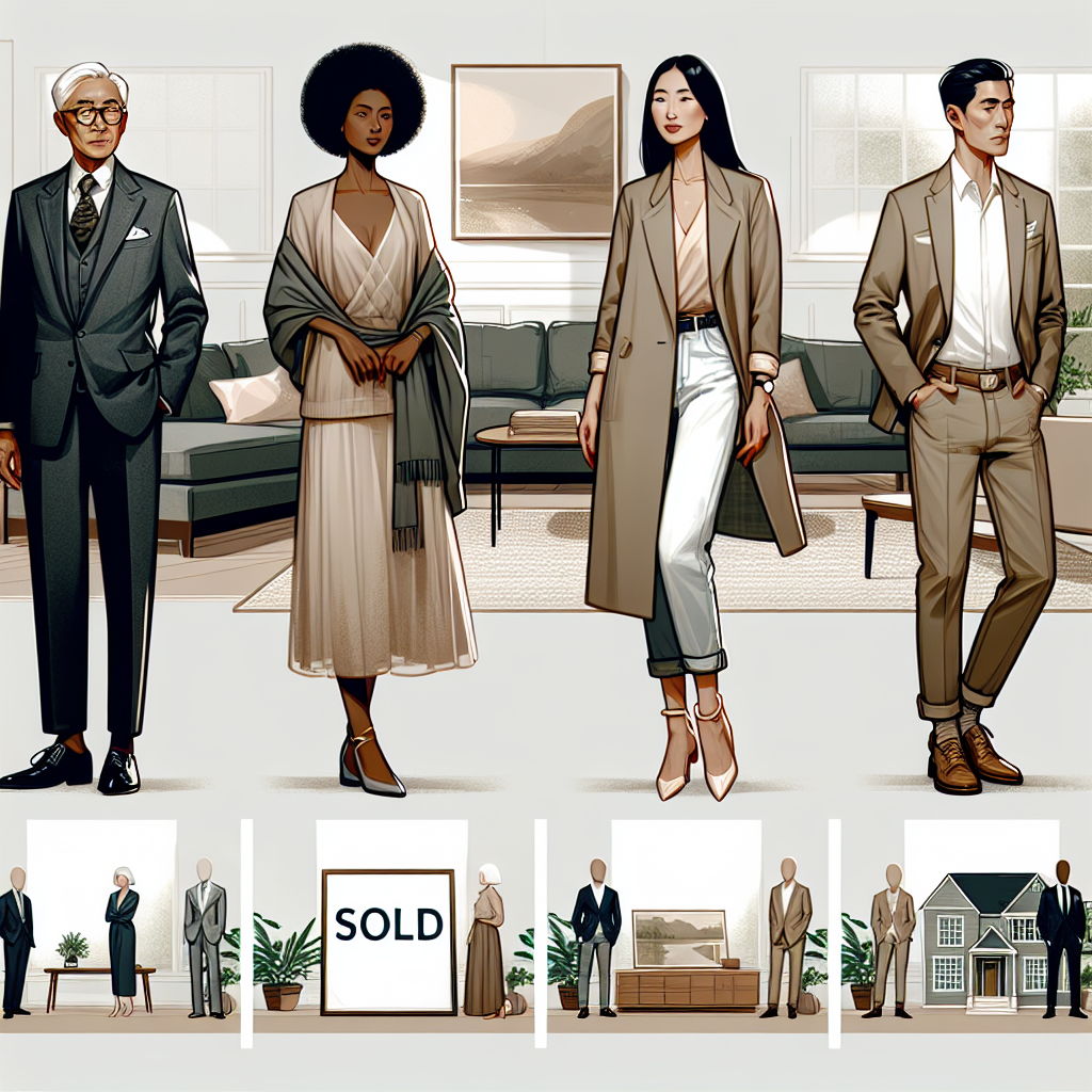 Dress to Impress: Must-Have Styles for a House Closing Create a detailed scenario capturing different fashion styles suitable for a house closing event. A mature Asian man in a meticulously tailored, classic charcoal gray suit; an Afro-Caribbean woman in an exquisite, minimalist dress in soft tones, paired with sensible heels; a Middle Eastern couple, the woman in a stylish blazer and jeans combo with chic flats, whilst the man dons a casual yet professional khaki ensemble. The background consists of a tastefully furnished living room, softly lit with a large 'Sold' sign prominently displayed.