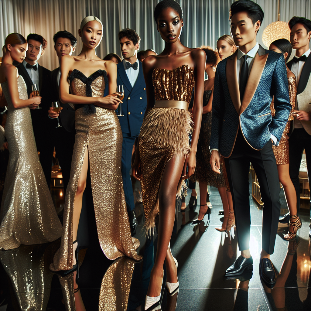 Cocktail Party Outfits: Exclusive, Effortless Style A dazzling scene of a cocktail party where individuals are expressing their unique fashion styles. In the foreground, a Black woman dressed in a glamorous gold sequin gown paired with classy high heels shows off her effortless style. To the right, an Asian man exudes confidence in a sophisticated navy-blue tailored suit accessorized with a silk tie. In the background, a diverse crowd mingles sporting attire ranging from elegant evening dresses to edgy and bold suits. The room is bathed in soft, inviting lighting that reflects off the numerous chic and stylish outfits.