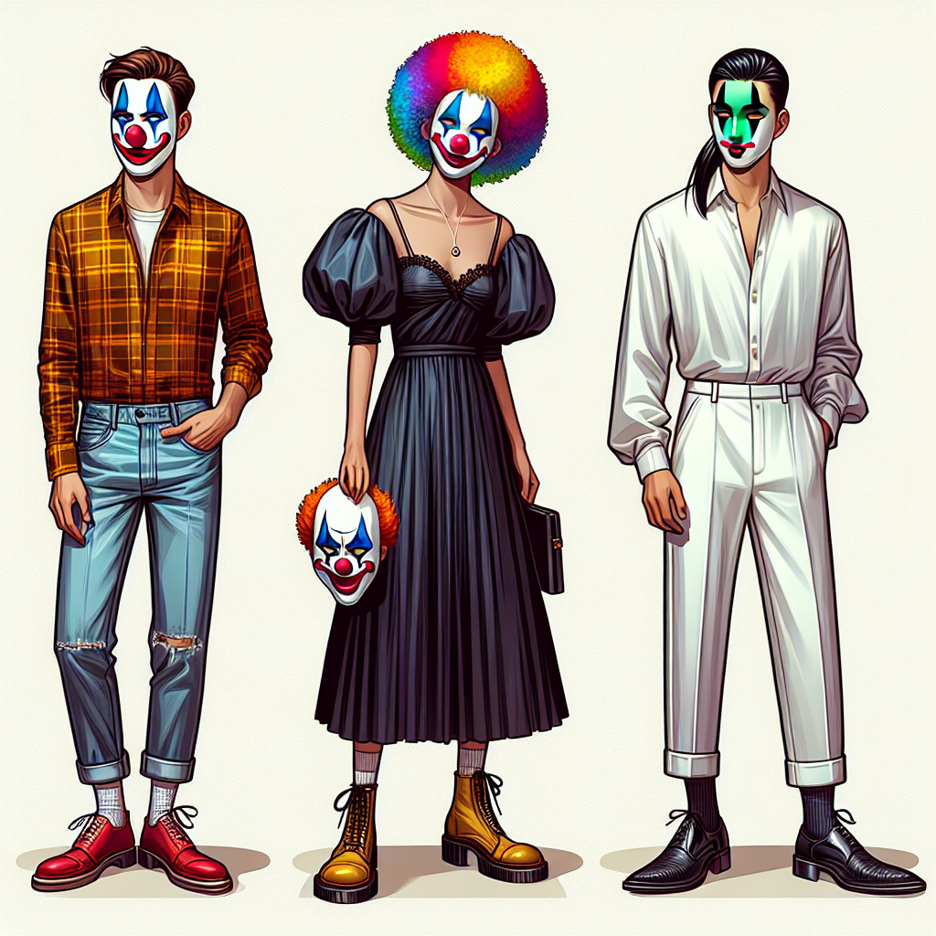What to Wear with a Clown Mask: Effortless Guide Visualize a fashion guide about clown masks. The first image features a Caucasian male with brown hair presenting a red and yellow clown mask combined with a casual, vibrant-colored outfit, including a checkered shirt and jeans. The second image shows a Middle-Eastern woman with a sleek black ponytail holding a blue and white clown mask paired with a classic black dress and shiny silver accessories. A South-Asian man is exhibiting a green and purple clown mask coupled with a minimalistic all-white ensemble in the third image. They are all standing against a neutral background.